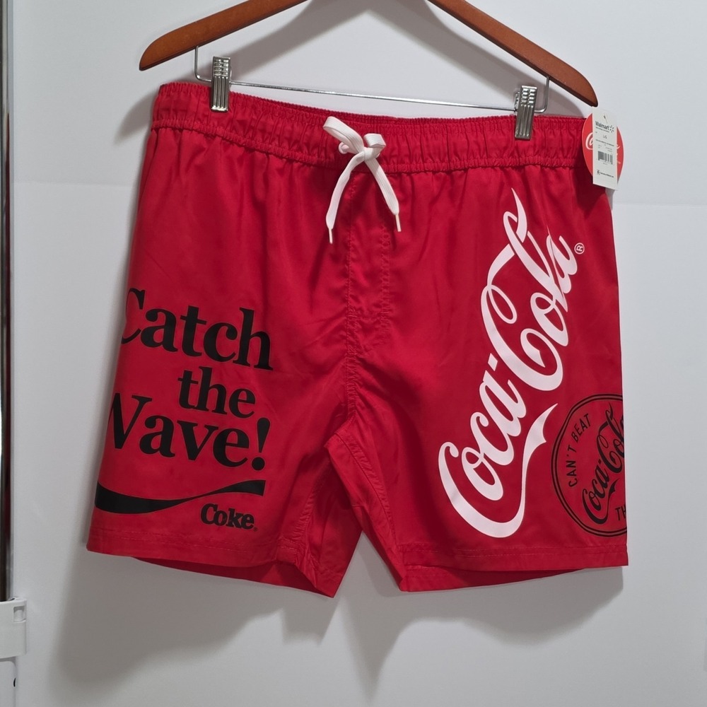 Coca-Cola Men's Regular Swim Shorts Red Logo Drawstring Pockets Bottom Size L/G